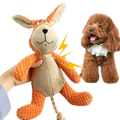 Plush dog squeaky chew toy in animal shape options: donkey, elephant, orangutan, or rabbit.