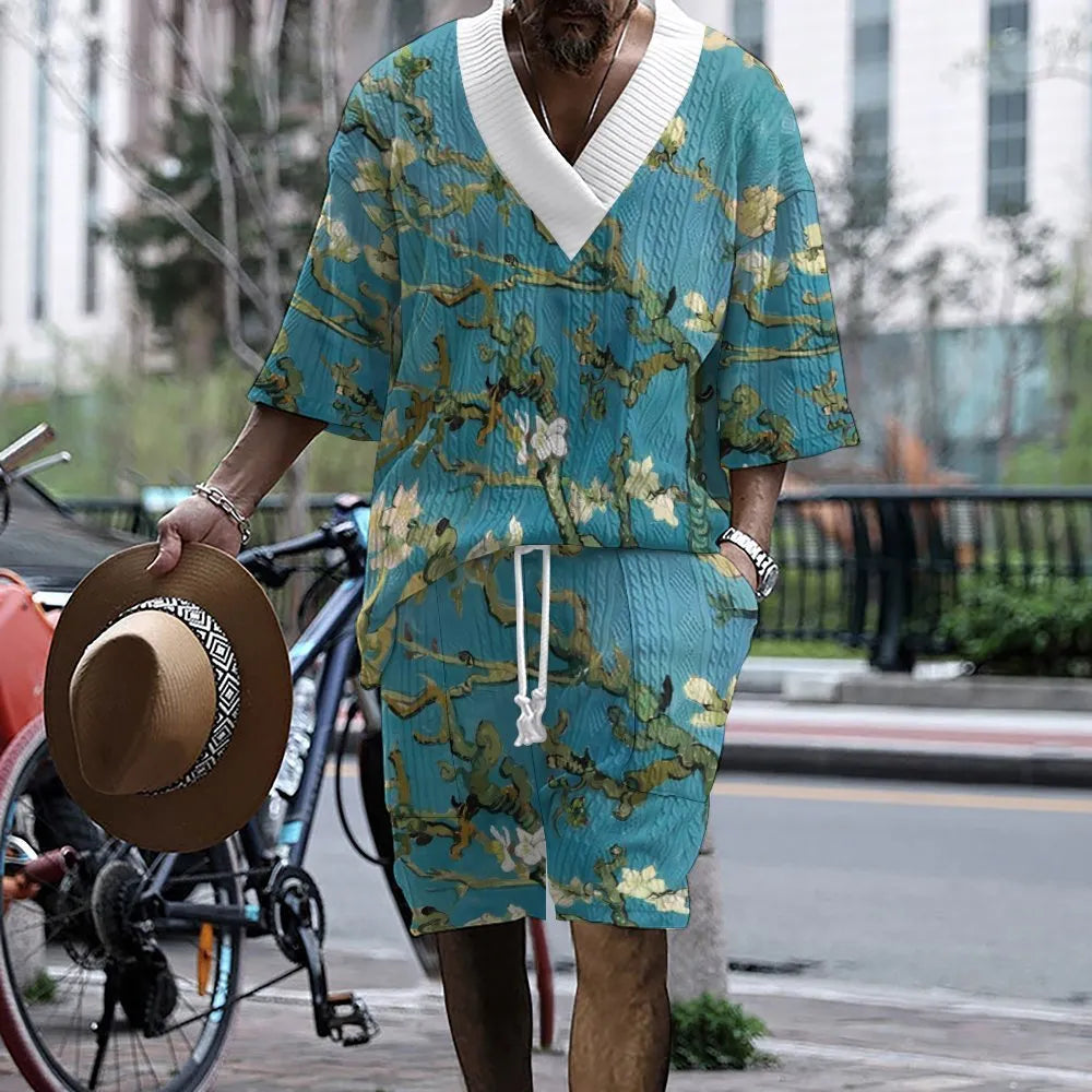 Men's peacock blue knitted shorts suit with fifth pants length and T-shirt style jacket