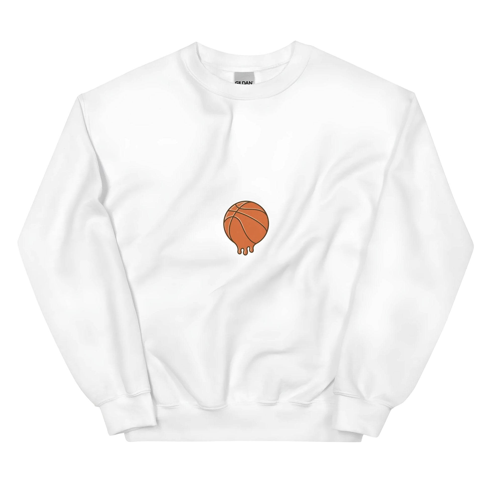 White printed hooded fleece sweatshirt with side seam pockets showing loose fit design