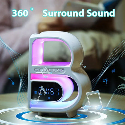 Multifunctional B-shaped Bluetooth speaker lamp with wireless charging, adjustable lighting, and alarm clock features