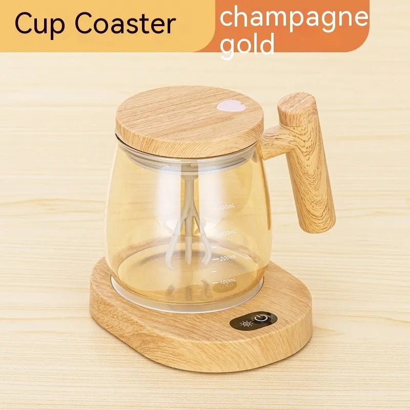 Clear borosilicate glass electric self-stirring coffee mug with 400ml capacity.