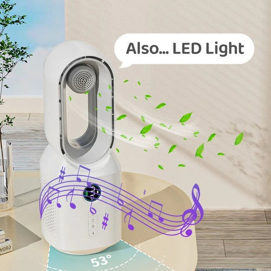 Multifunctional bladeless fan with Bluetooth speaker and LED night light for home decor and cooling comfort