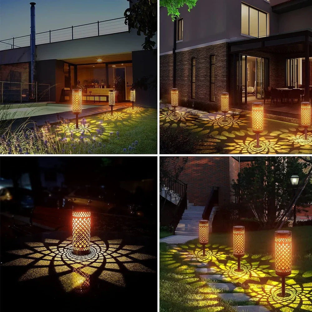 Geometric iron solar-powered lawn lamp with warm light, IP65 waterproof for courtyard garden decor