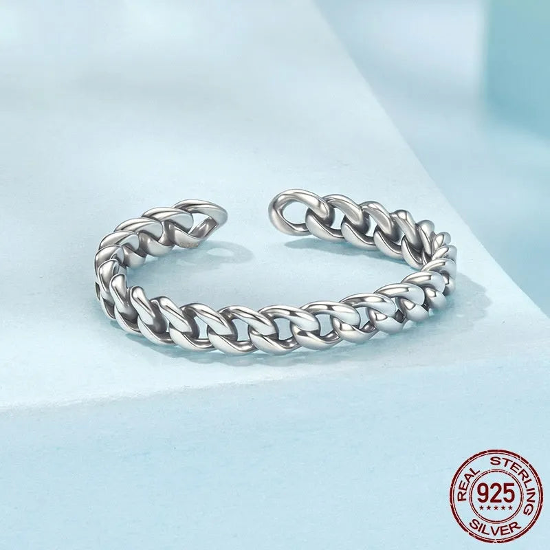 S925 sterling silver Cuban link chain open ring with adjustable opening and polished finish, women's silver ring in SCR1129-E