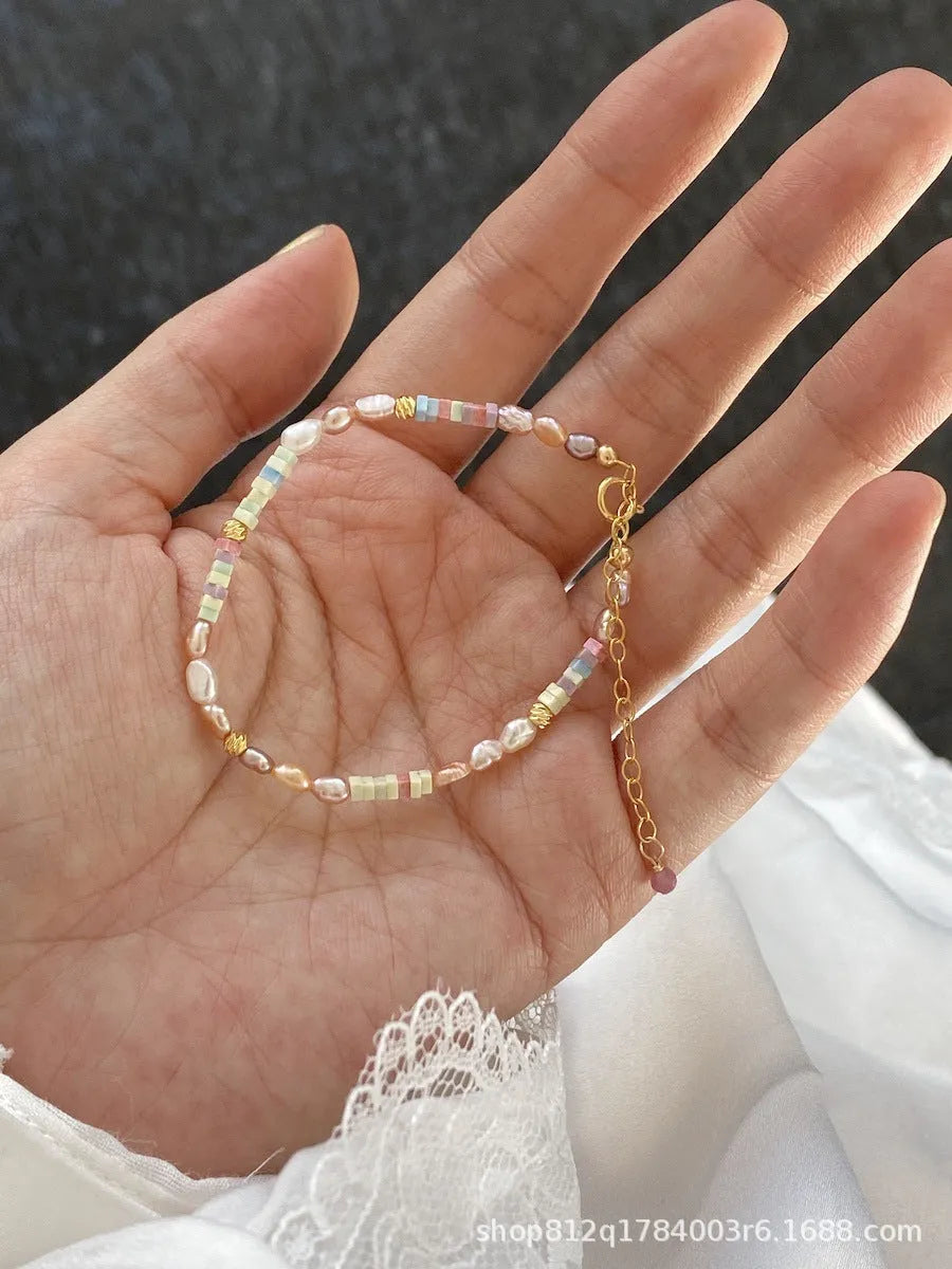 14K gold-plated purple natural pearl bracelet and necklace set with irregular mini pearls and U-shaped design