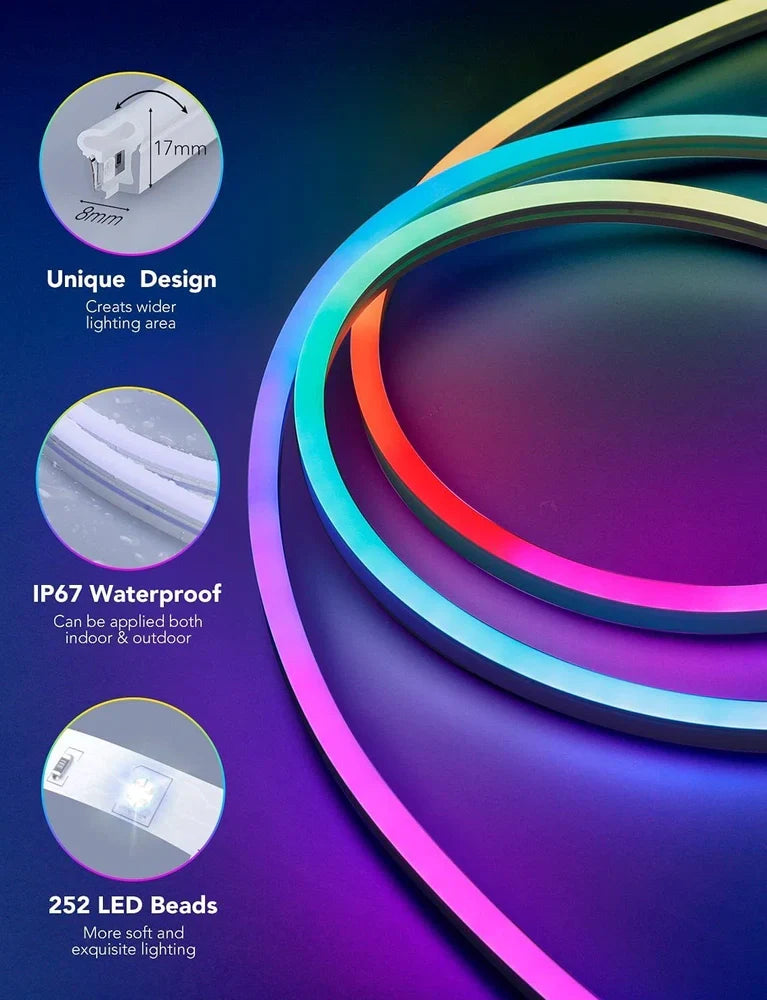 12V/24V Bluetooth WiFi RGBIC music neon light strip with 84 LED beads and waterproof construction