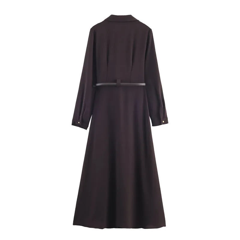 Women's minimalist shirt dress with belt, long sleeves, mid waist, pleated asymmetrical short skirt, nylon, XS to L