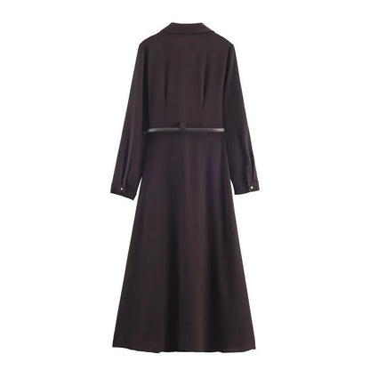 Women's minimalist shirt dress with belt, long sleeves, mid waist, pleated asymmetrical short skirt, nylon, XS to L
