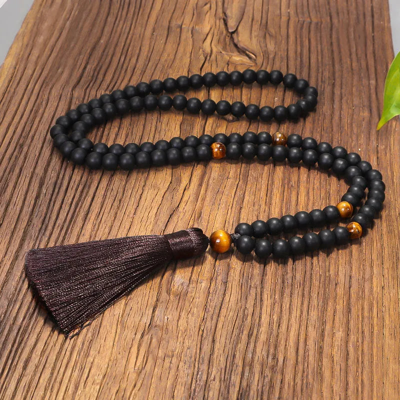 Tiger eye stone yoga necklace and matching bracelet set with tassel pendant