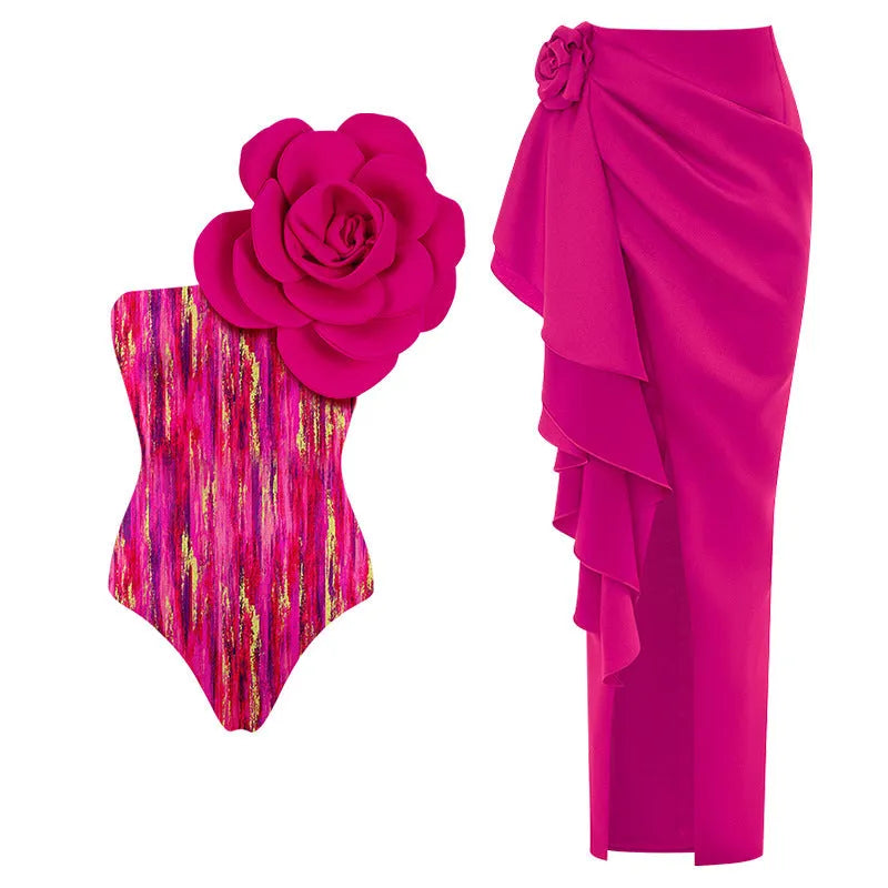 Women's one-piece swimsuit with three-dimensional flower print, tight European American fit.