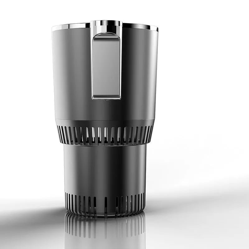 Black 12V car heating and cooling cup with digital display in a vehicle cup holder.