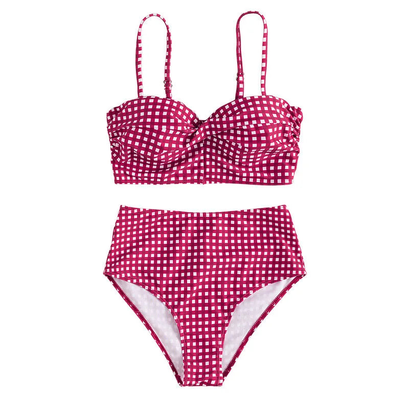 Women's plaid bikini swimsuit with high-waist briefs in rose red, shown as a two-piece set.