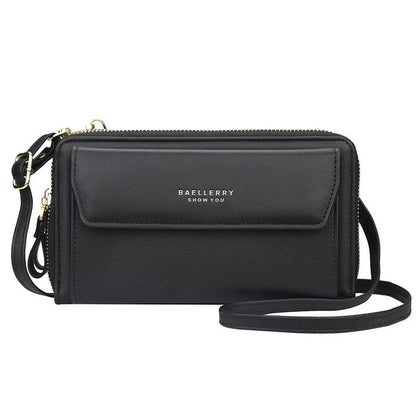 Red soft PU leather long wallet with double zipper, shown as a messenger bag.