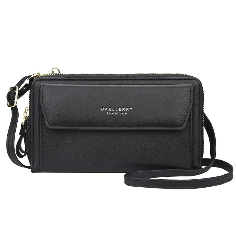 Ladies long wallet double zipper large capacity diagonal bag made from soft PU leather, available in red, green, blue, black, dark pink, or light pink.