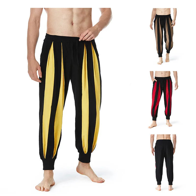Men's straight-leg polyester casual trousers in red, khaki, yellow or brown colours