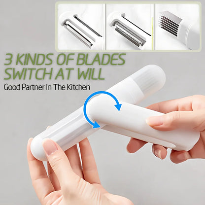 White 3-in-1 rotary paring knife with rotating blades and integrated sharpener for kitchen use