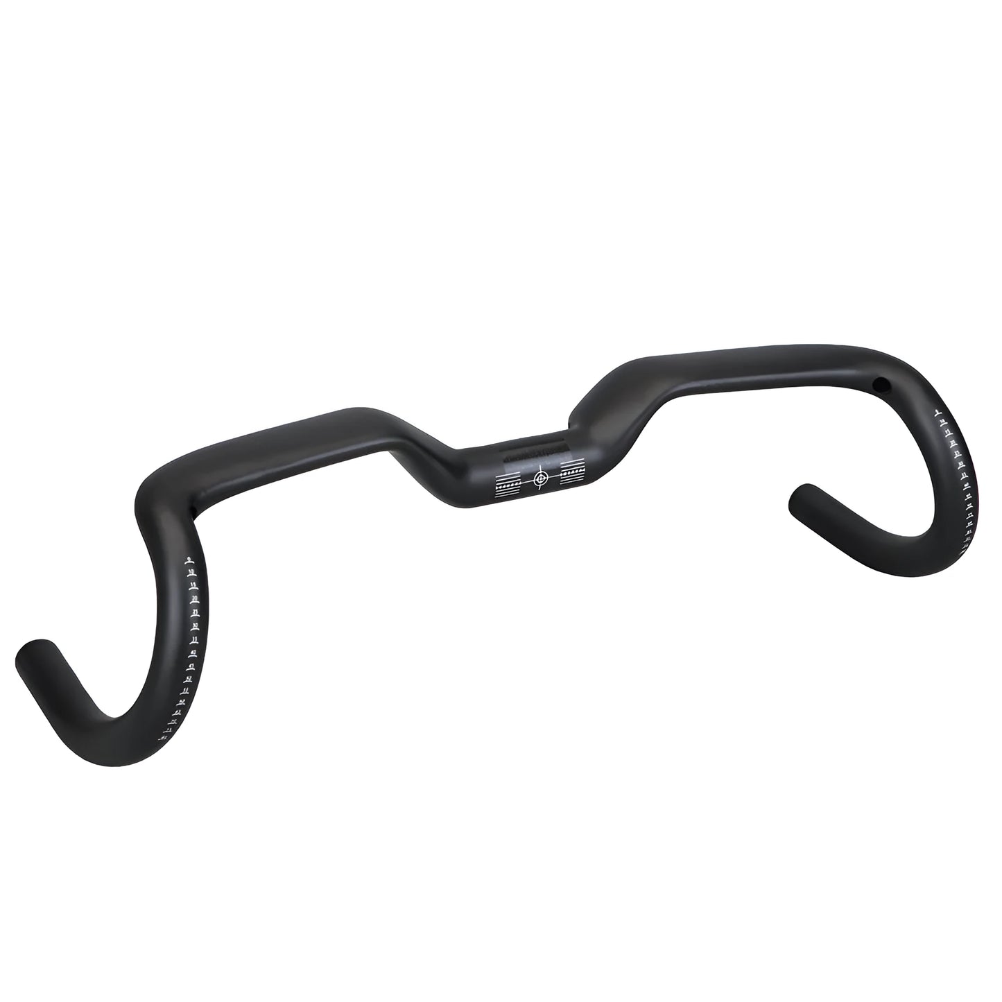 Black carbon fibre bicycle handlebar with large-angle bent outer swing design showing three width options