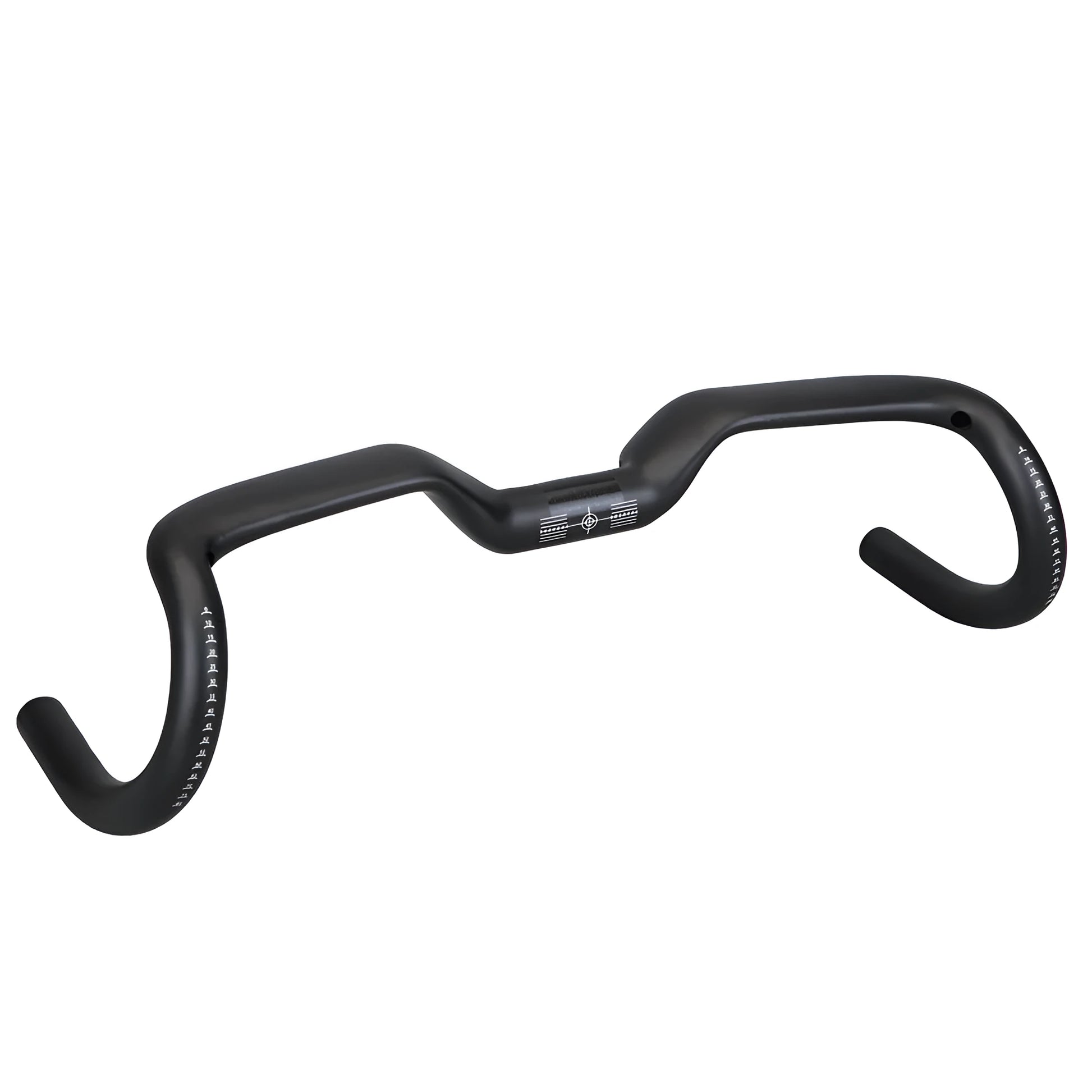 Black carbon fibre bicycle handlebar with large-angle bent outer swing design showing three width options