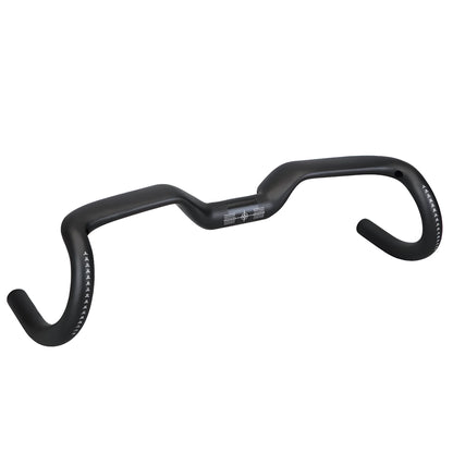 Black carbon fibre bicycle handlebar with large-angle bent outer swing design showing three width options
