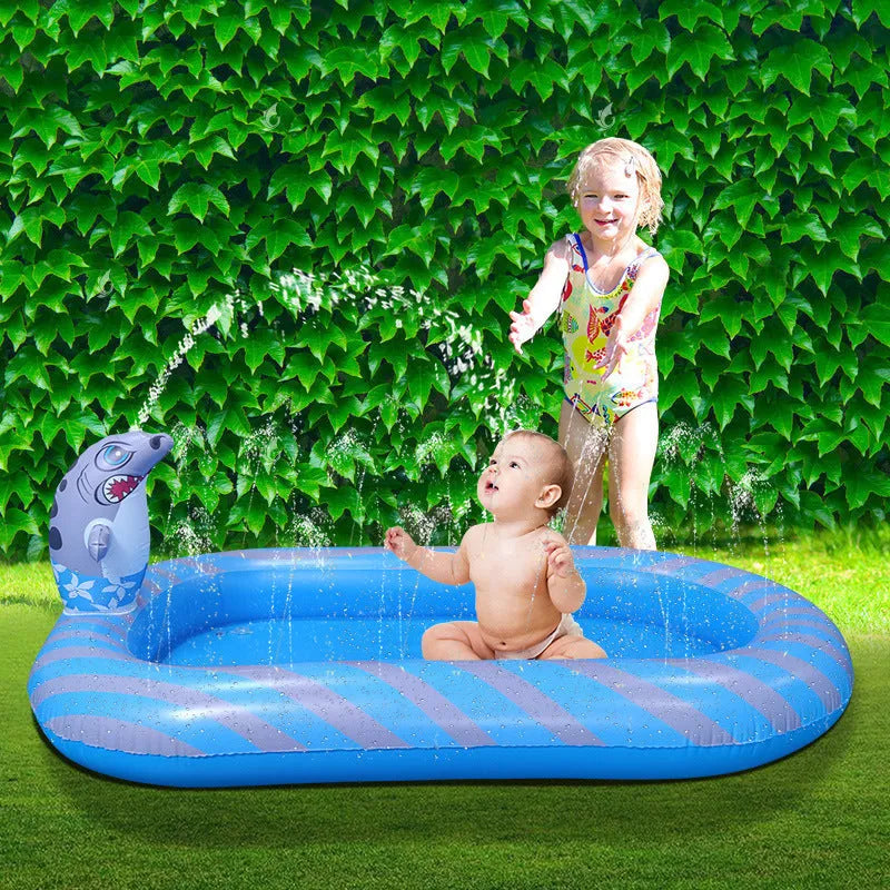 Blue inflatable dinosaur-shaped water spray pool for kids outdoor play