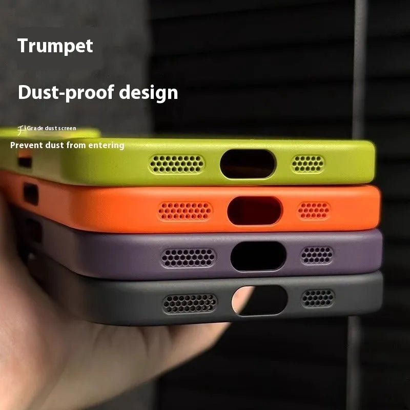 Ultra-thin frosted phone case with metal buttons and large metal hole in black for iPhone 14