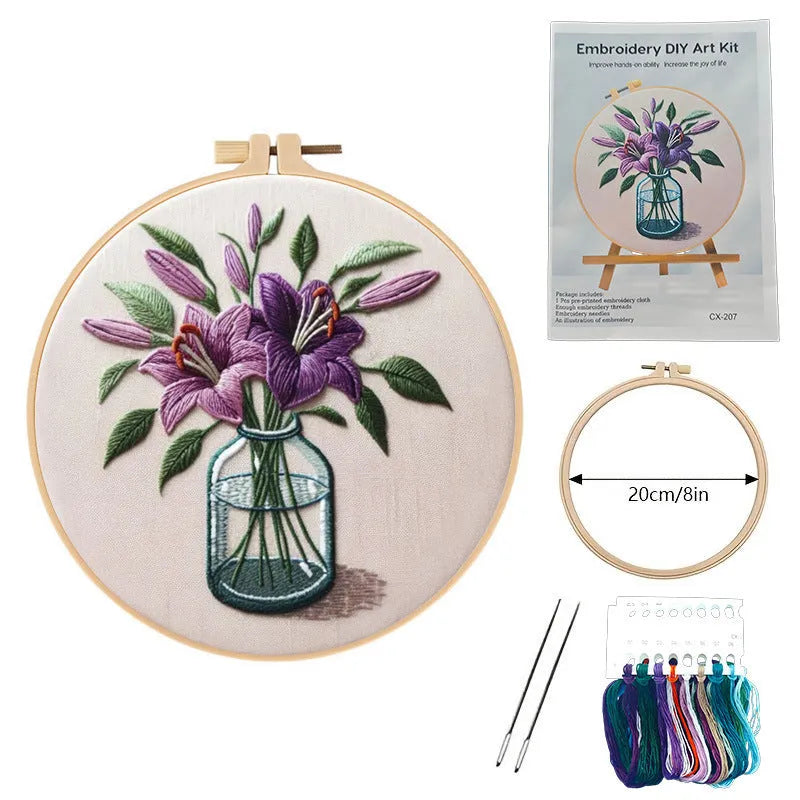 Purple lily flower embroidery kit with 28cm square cotton-linen fabric and bamboo hoop frame