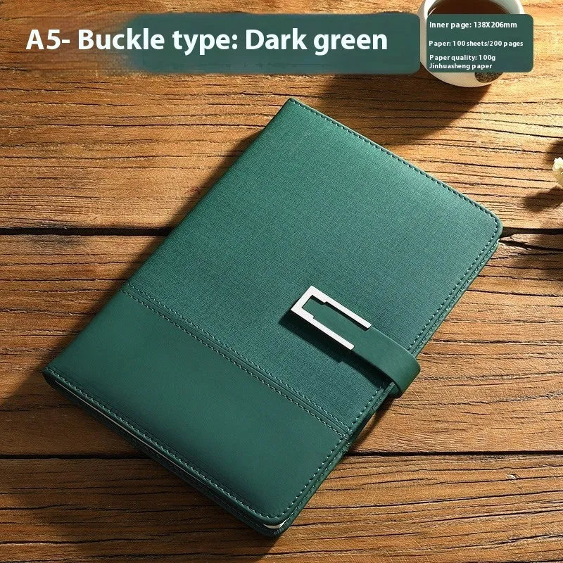 A5 soft PU leather notebook in Business Brown colour, showing thick wood-free paper inside.