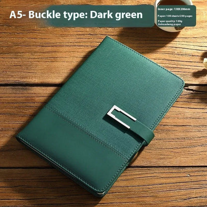 A5 soft PU leather notebook in Business Brown colour, showing thick wood-free paper inside.