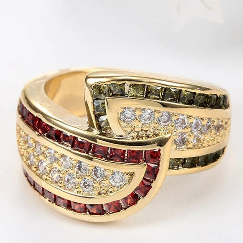 Women's peridot colour ring with gold metallic finish showing front view
