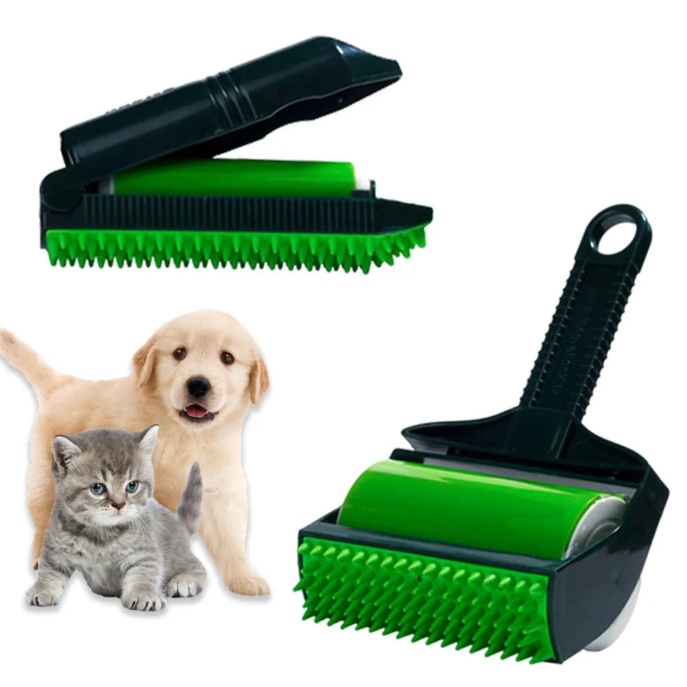 Green and yellow washable adhesive lint rollers for pet hair removal on a fabric background.