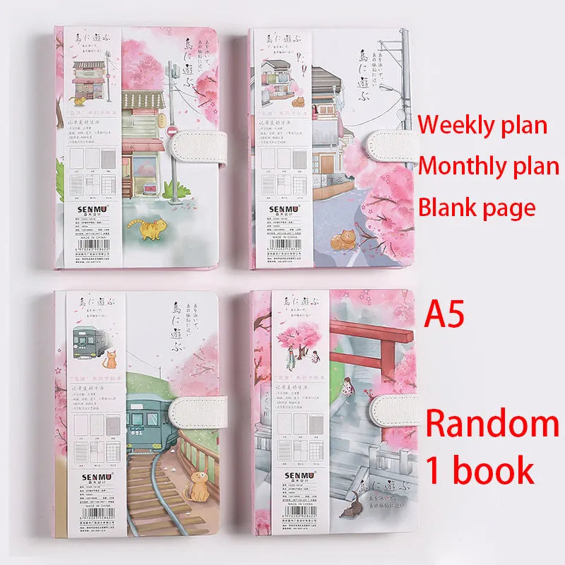 A5 Retro Style Hand Account Notebook with Full Colour Page Illustrations, Wire-Bound Binding, Includes Pen, Nostalgic Journal with Fly, Girl, Hiking, Play in the Water, Shadow, Shop, Street Lamp and Train Cover Designs