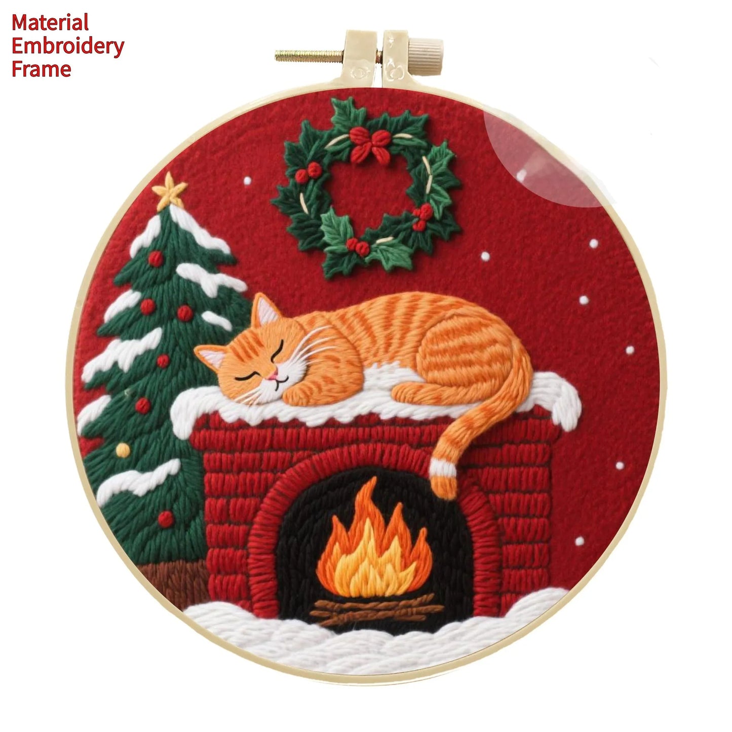 Cat embroidery DIY kit with autumn fruit design on fabric and a 20cm imitation bamboo embroidery frame