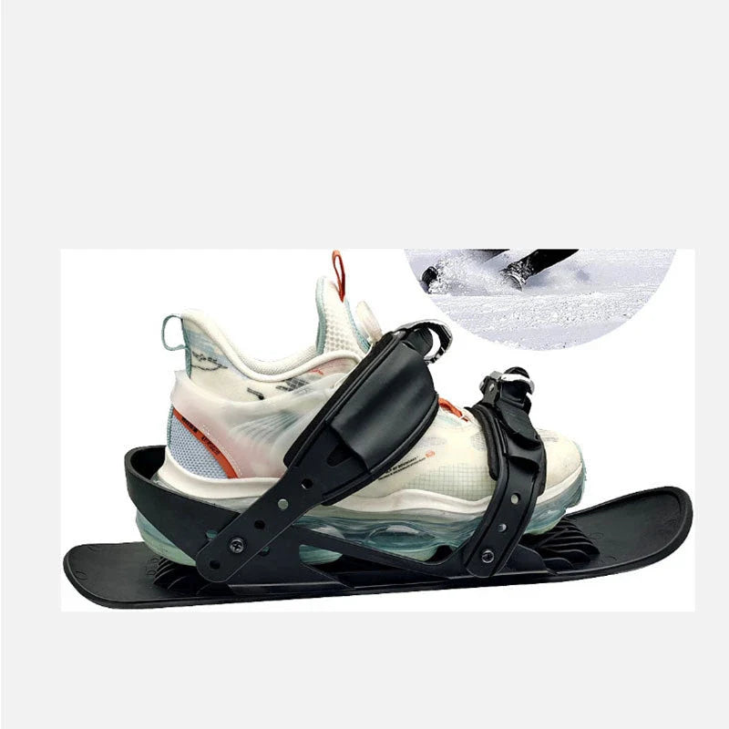 Adjustable snowshoeing mini skates with durable nylon soles, reinforced TPU laces, and customizable metal buckles for a secure fit across a wide range of shoe sizes