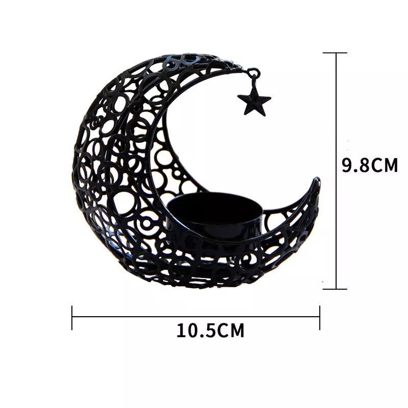 Crescent Moon Star Metal Candle Holder in black or gold, perfect for home decor