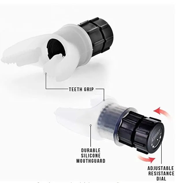 White and black adjustable resistance breathing trainer with silicone mouthpiece