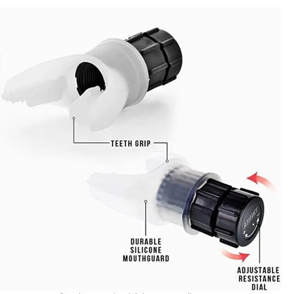 White and black adjustable resistance breathing trainer with silicone mouthpiece