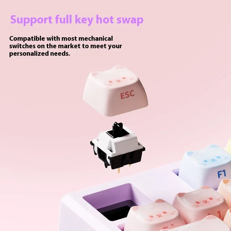 MG108B Coloured Sugar Cat themed mechanical keyboard with piano shaft switches on a desk.