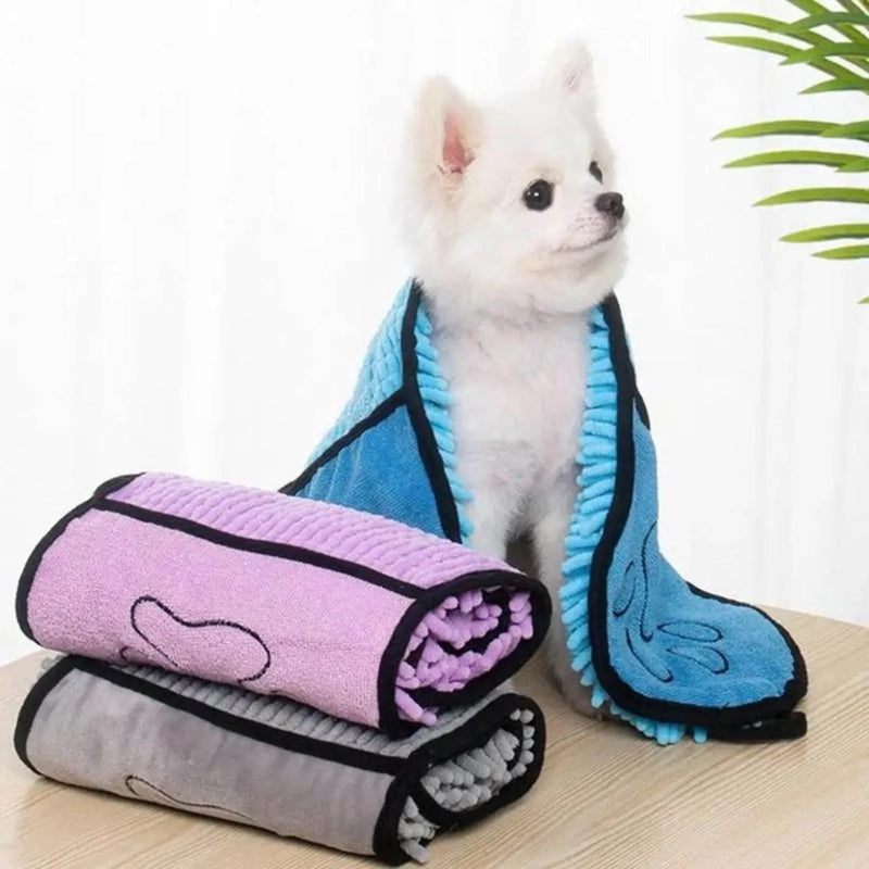 Dog bath robe towel for quick drying after washing, soft fibre absorbent pet towel in 62cm by 23cm size, convenient thicken washcloth for cat or dog cleaning with durable construction, available in blue, grey, purple, and red.