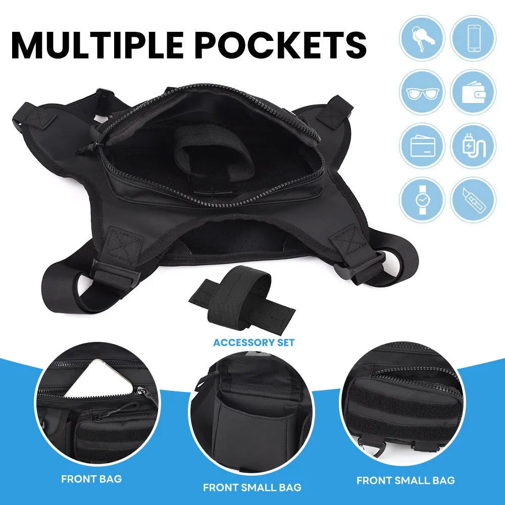 Black outdoor sports chest bag with vest straps and sewing line detailing.