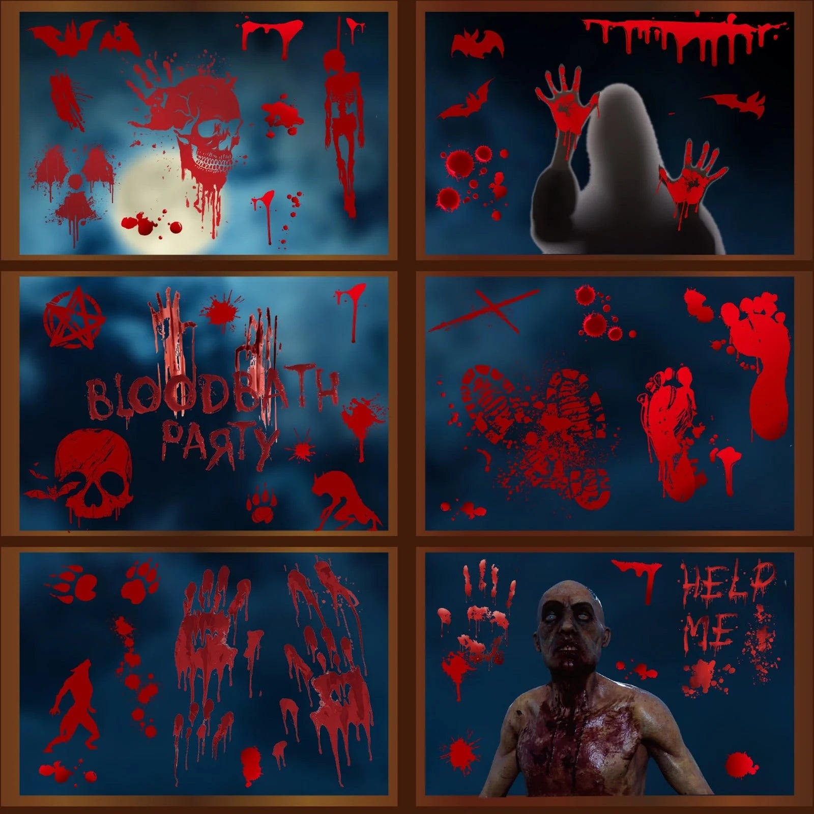 Halloween window stickers set of 9 bloody handprint and footprint decals