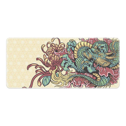 Esports mouse pad with detailed dragon artwork, showing cloth surface and non-slip base in various size options.