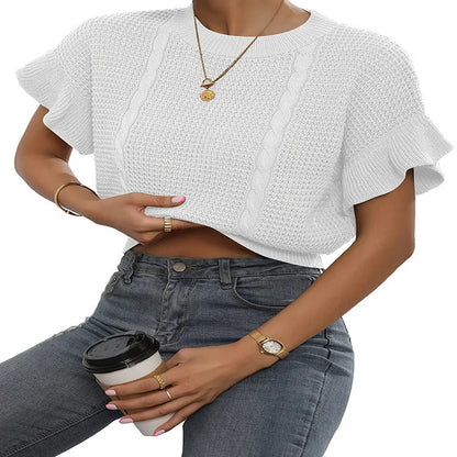 Loose round neck knitted pullover sweater with twisted string ruffled short sleeves in dark brown.