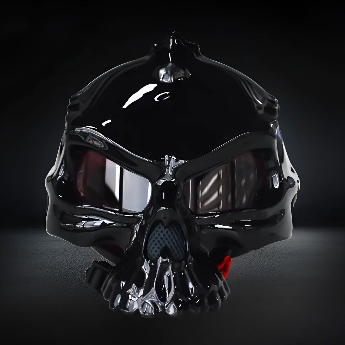 Double-sided reversible skull motorcycle helmet showing two different artwork designs