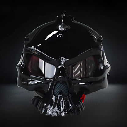 Double-sided reversible skull motorcycle helmet showing two different artwork designs