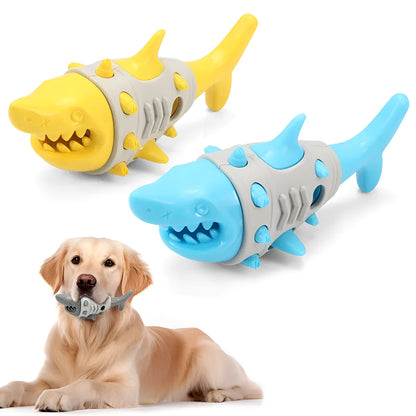 Blue, grey, and yellow plastic dog teething toy with shark-tooth texture and venting holes.