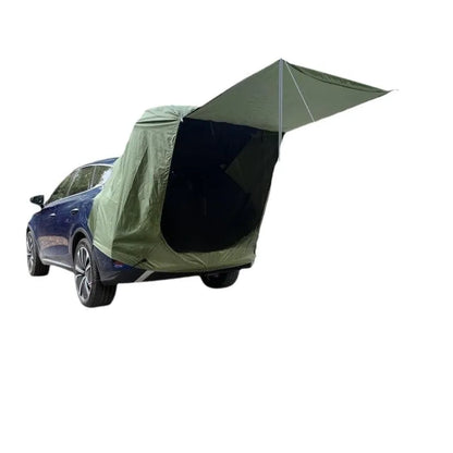 Outdoor camping rear tent roof extension with jackstay and reflective wind rope, packed size 42 x 28 x 3 cm