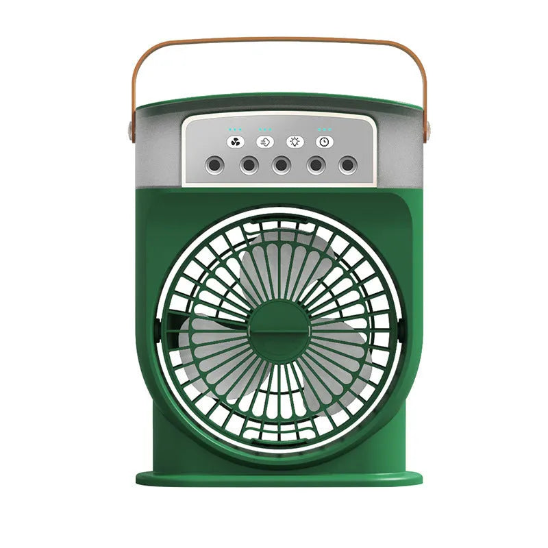 Black portable USB air cooler fan with adjustable head, leather handle, and removable water tank on a desk.