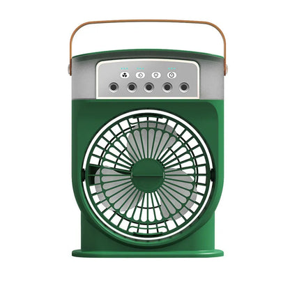 Black portable USB air cooler fan with adjustable head, leather handle, and removable water tank on a desk.