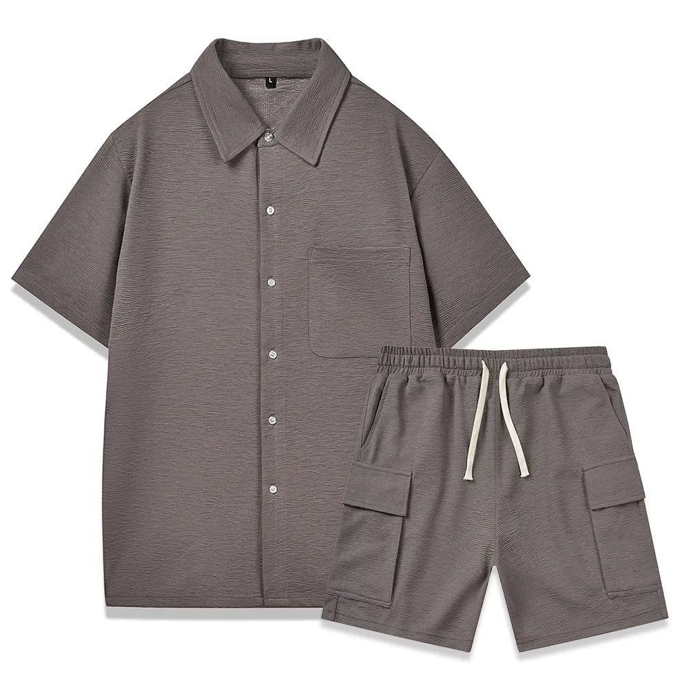 Women's elastic waist shorts set in beige, showing short-sleeve top and matching shorts.