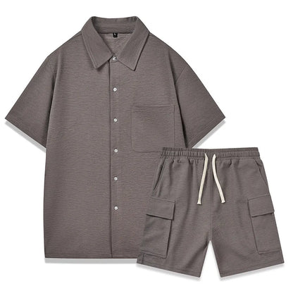 Women's elastic waist shorts set in beige, showing short-sleeve top and matching shorts.